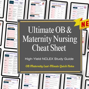 May include: A collection of digital study guides on tablets, with the title "Ultimate OB & Maternity Nursing Cheat Sheet." The guides are designed for the NCLEX exam, with a "NEW" banner. The guides cover topics like newborn care and pregnancy basics.