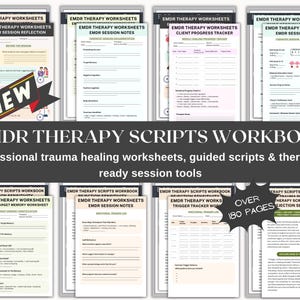 May include: A set of EMDR therapy worksheets and scripts. The image shows multiple pages with text, including "EMDR Therapy Scripts Workbook" and "Professional trauma healing worksheets." A "NEW" banner is visible. The worksheets are designed for therapists.