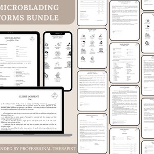 May include: A set of printable forms for microblading services. The forms include a client consultation form, client consent form, aftercare instructions, and an invoice. The forms are black and white and have a modern design.