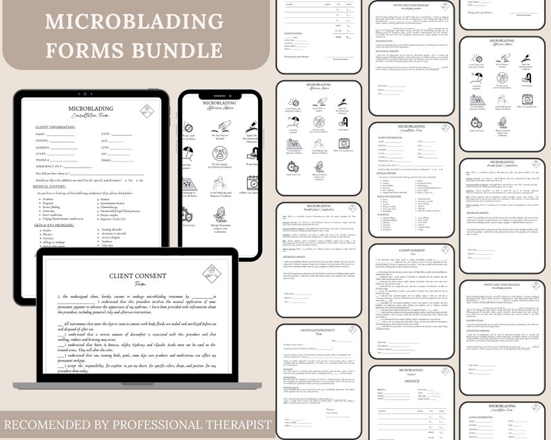 May include: A set of printable forms for microblading services. The forms include a client consultation form, client consent form, aftercare instructions, and an invoice. The forms are black and white and have a modern design.