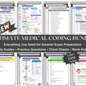Può includere: Un pacchetto completo di studio per la codifica medica che include guide, domande di pratica, fogli di riepilogo ed esami simulati. I documenti presentano intestazioni come Medical Coding Study Notes, AAPC CPC Study Guide 2026 e BCBA Mock Exam Pack, per un totale di oltre 2000 pagine.