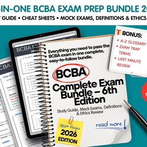 May include: A comprehensive BCBA exam prep bundle for 2026, featuring a study guide, cheat sheets, mock exams, definitions, and ethics review. The image shows a spiral-bound book, a tablet, and extra study materials, with a bonus glossary and exam trap terms.