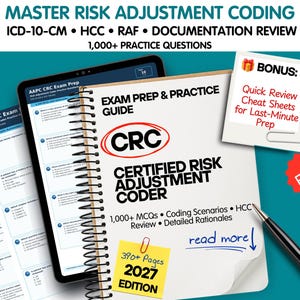 May include: A spiral-bound exam prep guide titled CRC Certified Risk Adjustment Coder 2027 Edition with 390+ pages, accompanied by a tablet displaying practice questions, a bonus cheat sheet, and a black pen on a teal background with text.