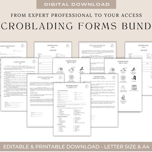 May include: A set of printable microblading forms in black and white. The forms include a cancellation policy, client consent, photo and video release, invoice, and aftercare instructions.