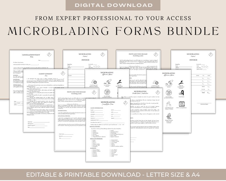 May include: A set of printable microblading forms in black and white. The forms include a cancellation policy, client consent, photo and video release, invoice, and aftercare instructions.