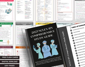 May include: A comprehensive study guide for the 2025 NCLEX-RN exam. The cover features the title "2025 NCLEX-RN Comprehensive Study Guide" with illustrations of medical professionals. Additional pages display study notes and a table of contents.