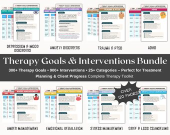 May include: A bundle of therapy resources with the title "Therapy Goals & Interventions Bundle." The image displays several informational sheets categorized by topics such as Depression, Anxiety, Trauma, ADHD, Anger, and Grief. The bundle includes over 120 pages.