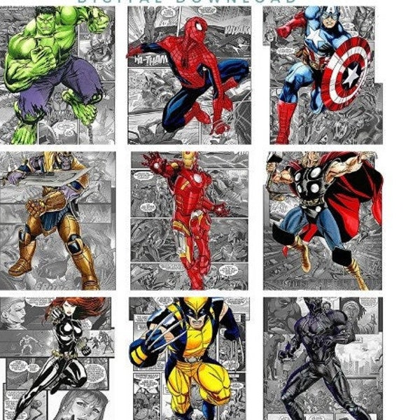 Set of 9 superhero JPG download print, digital superhero poster, printable superhero art for nursery room wall decor marvel hero