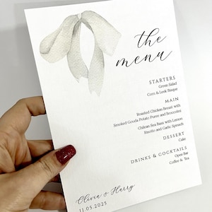 Menu weselne z kokardą, Karta menu weselnego, Menu z białą kokardą, kokardy rysowane ręcznie, Menu na wieczór panieński, Karta menu urodzinowego, 350GSM