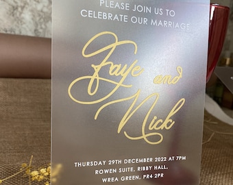Minimalist Frosted Acrylic Wedding Invitation with Gold Foil