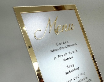 Menu on frosted acrylic stand with shiny gold border, acrylic wedding menu card, black, gold, rosegold, silver, clear, frosted menu, 3D menu