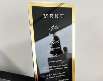 Menu on black acrylic stand with shiny gold border, acrylic wedding menu card, black, gold, rose gold, silver, clear, frosted menu, 3D menu