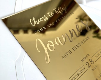Glanzend oppervlak zilver en goud spiegel uitnodiging, acryl verjaardagsuitnodiging, elegante moderne huwelijksuitnodigingen, glanzende acryl uitnodiging