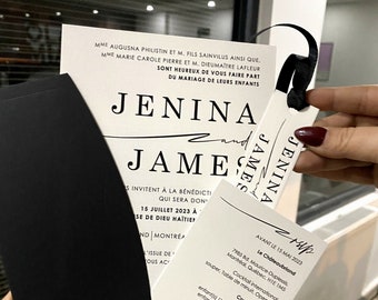 Ensemble de faire-part de mariage minimaliste en noir et blanc : création personnalisée
