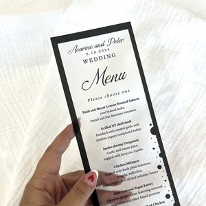 Karta menu z akrylu, menu weselne, karta ze szczegółami ślubu z akrylu, karta z akrylu na przyjęcie weselne, menu z folii złotej, menu z folii srebrnej