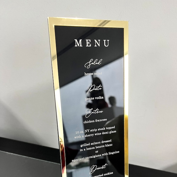 Black Acrylic Wedding Menu with Shiny Gold Border