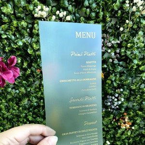 Karta menu z akrylową złotą folią, menu weselne, karta ze szczegółami ślubu z akrylu, karta z akrylową folią na przyjęcie weselne, menu z złotą folią, menu z srebrną folią