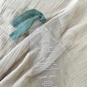 Acryl Frosted Menü mit Band, Acryl Menü, Hochzeitsmenü, Acryl Hochzeitsempfangskarte, Menü Goldfolie, Menü Silberfolie