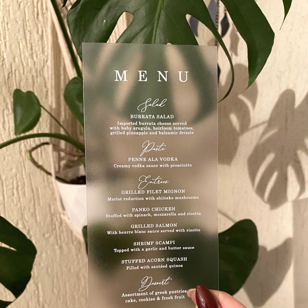 Acrylic menu card, wedding menu, acrylic wedding detail card, acrylic wedding reception card, gold foil menu, silver foil menu