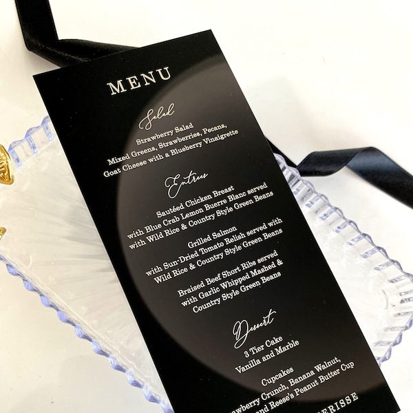 Acrylic menu card, wedding menu, acrylic wedding menu card, acrylic wedding reception card, gold menu, silver menu, black menu, frosted menu