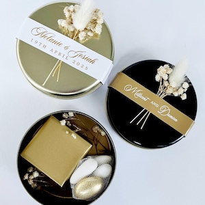 Bulkbedankje, metalen doos met chocolaatjes en snoep, gepersonaliseerd etiket en gedroogde bloemen, aangepaste gastgeschenken, elegante gunst vrijgezellenfeest