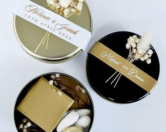 Personalized Wedding Favor: Metal Tin with Chocolates, Almonds & Dried Flowers