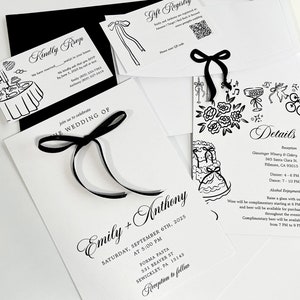 Set di inviti per matrimonio con fiocco, nastro disegnato a mano, bianco e nero, codice QR RSVP, design minimalista, invito per matrimonio con fiocco, stravagante