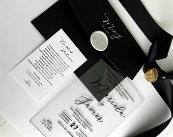 黒と白のアクリル製結婚式招待状セット（返信カード付き）