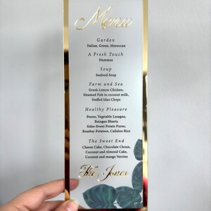 Frosted Acrylic Wedding Menu with Shiny Gold Border image 7