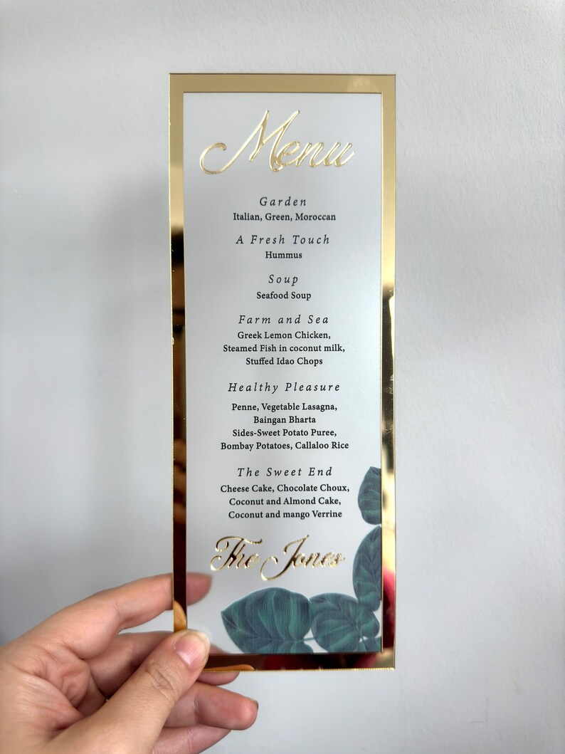 Frosted Acrylic Wedding Menu with Shiny Gold Border image 7