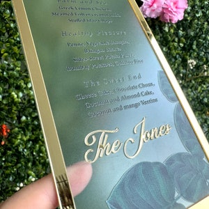Frosted Acrylic Wedding Menu with Shiny Gold Border image 4
