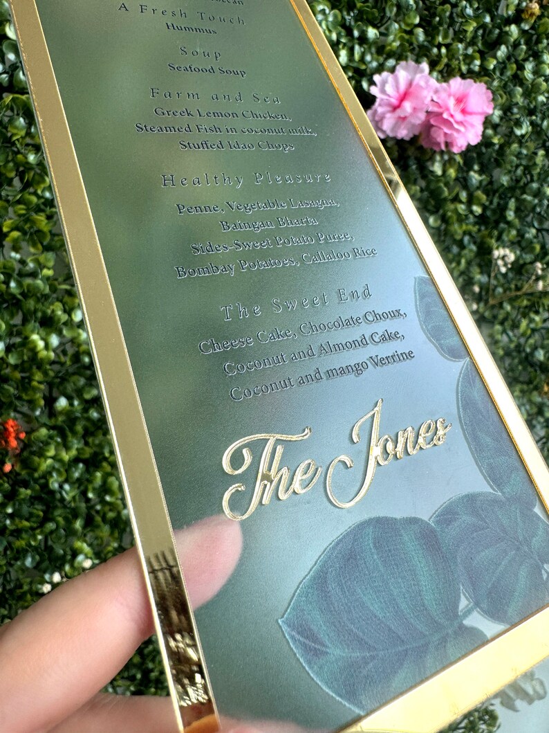 Frosted Acrylic Wedding Menu with Shiny Gold Border image 4