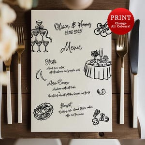 Plantilla de menú dibujada y escrita a mano, menú divertido para imprimir, menú garabateado en estilo francés editable, cartulina elegante con textura