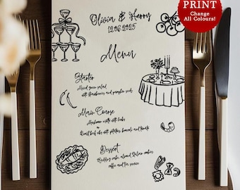 May include: A black and white wedding menu with the names Olivia & Harry and the date 12.06.2025. The menu includes a starter, main course, and dessert. The menu is decorated with hand-drawn illustrations of a champagne tower, a table setting, and a plate of food.