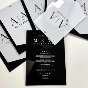 Menú de acrílico con espejo negro, menú de boda de 2 capas con tapa abatible de acrílico blanco brillante, menú de recepción de acrílico moderno, decoración de boda personalizada