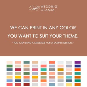Peut inclure: Image promotionnelle pour Wedding Olamia, avec une palette de couleurs et du texte. Le texte indique : &laquo; Nous pouvons imprimer dans n'importe quelle couleur pour correspondre &agrave; votre th&egrave;me. &raquo; Divers &eacute;chantillons de couleurs sont affich&eacute;s.