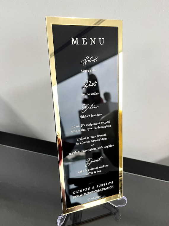 Black Acrylic Wedding Menu with Shiny Gold Border