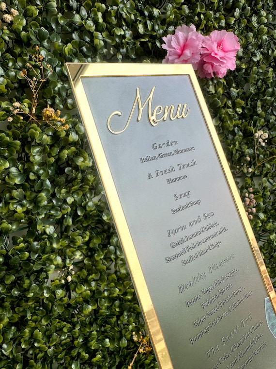 Frosted Acrylic Wedding Menu with Shiny Gold Border