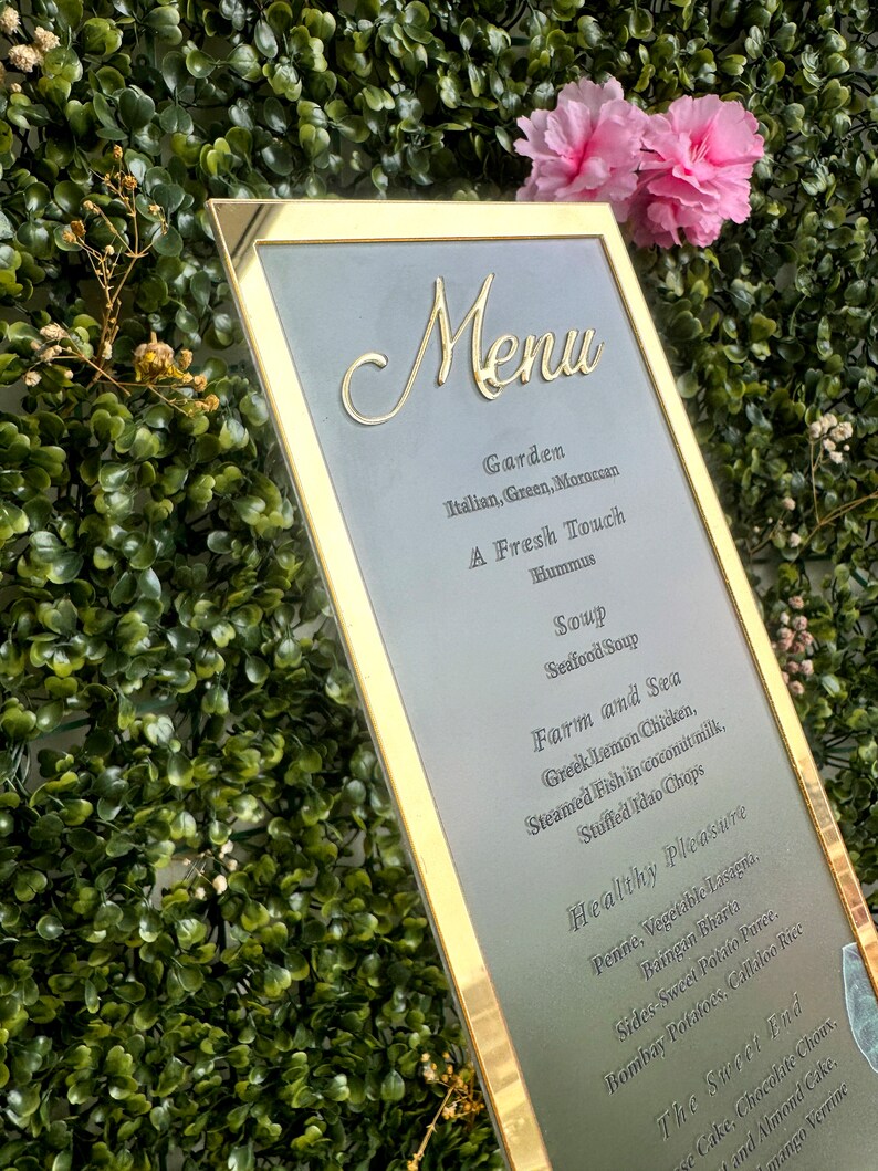 Frosted Acrylic Wedding Menu with Shiny Gold Border image 1