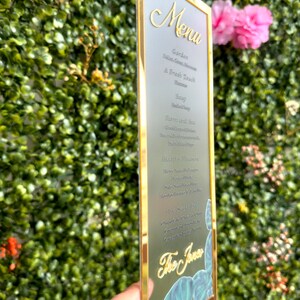 Frosted Acrylic Wedding Menu with Shiny Gold Border image 3