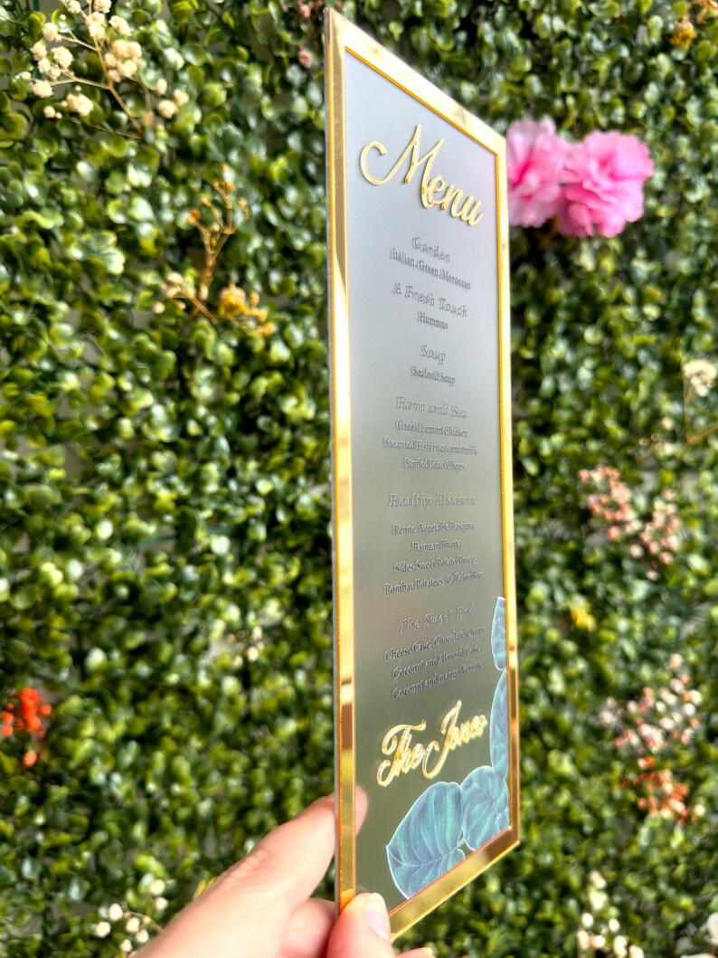 Frosted Acrylic Wedding Menu with Shiny Gold Border image 3