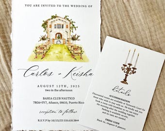 May include: Wedding invitation with watercolor illustration of a white building with a green lawn and floral accents. The invitation includes the names "Carlos + Keisha", date, time, location, and RSVP information. A details card is also included.