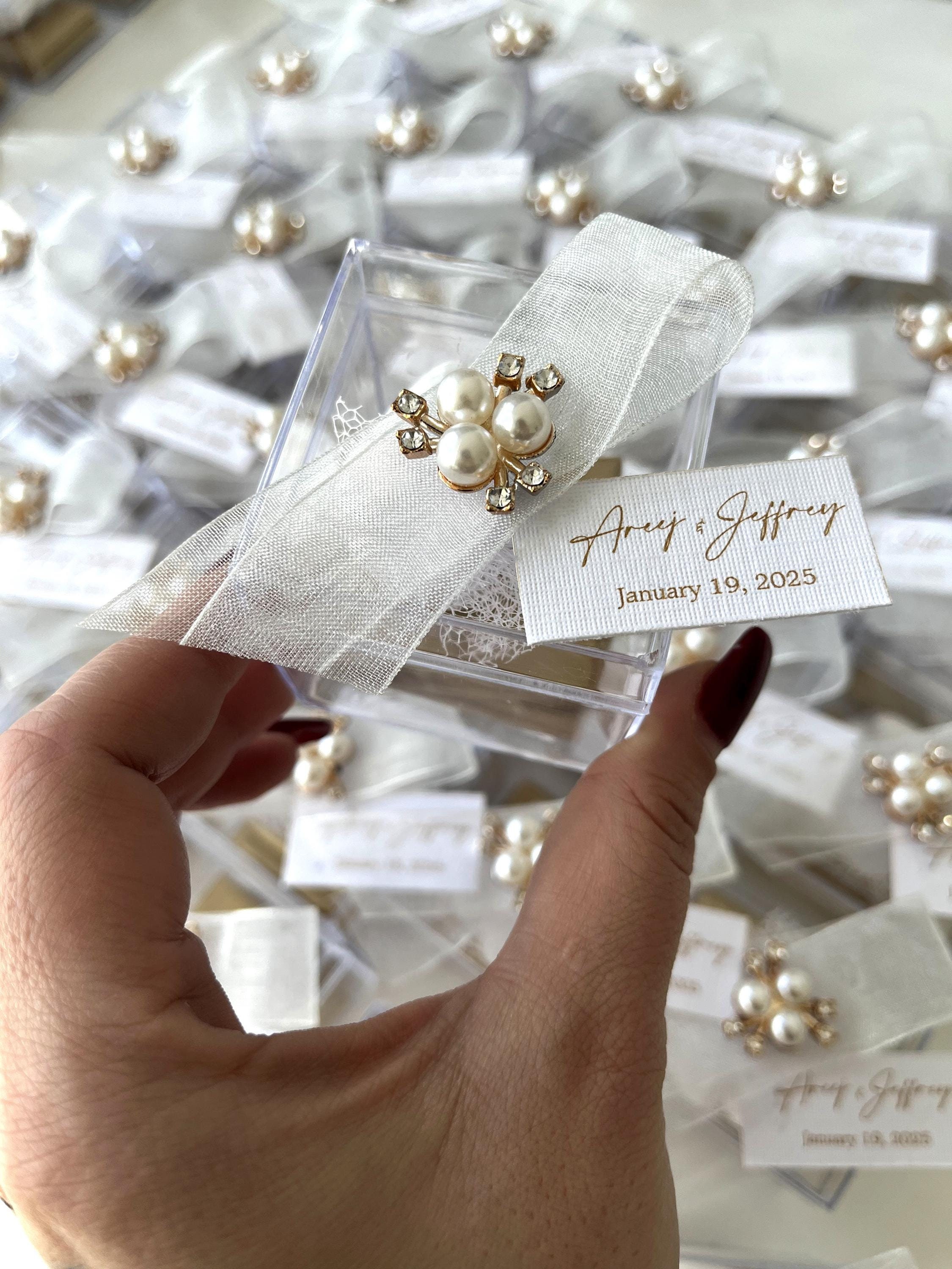 Bulk Chocolate and Almond Candy Favors in Clear Gift Box with Ribbon and Pearls, Elegant Wedding, Engagement, and Event Gifts, Unique Favors