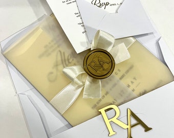 Wedding Gold Foil Acrylic Invitation Set, 1 mm Mirrored Gold Invitation+Detail Card+RSVP Card (Glossy Foil)+White Paper and Ribbon+Wax Seal