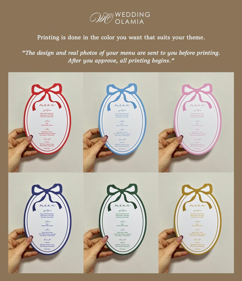 Peut inclure: Cartes de menu de mariage de diff&eacute;rentes couleurs, dont le rouge, le bleu et le rose, chacune avec un motif de n&oelig;ud en haut. Le mot "menu" est visible sur chaque carte. Les cartes sont ovales et tenues par des mains. Le texte "WEDDING OLAMIA" est en haut.