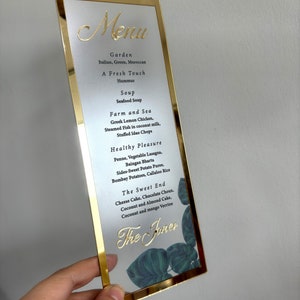 Frosted Acrylic Wedding Menu with Shiny Gold Border image 8