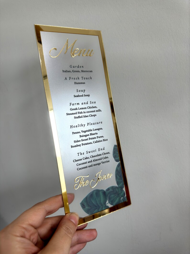 Frosted Acrylic Wedding Menu with Shiny Gold Border image 8