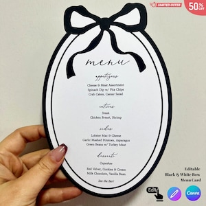 Carte de menu avec noeud, menu de mariage modifiable, menu de noeud noir, menu de coupes spéciales, menu de douche nuptiale et de naissance, téléchargement immédiat, facile à modifier sur Canva