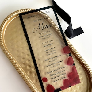 Tarjeta de menú de acrílico, menú de bodas, tarjeta de detalles de boda de acrílico, tarjeta de recepción de boda de acrílico, menú con lámina de oro, menú con lámina de plata