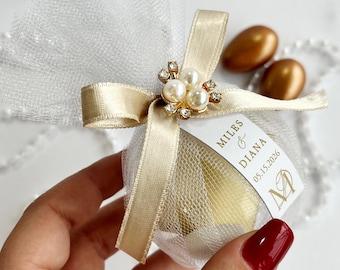 Elegant Acrylic Ball Wedding Favor: Chocolate Almond Candy, Personalized Label